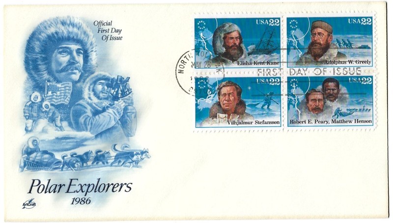 4 '86 FDCs Polar Explorers, Statue of Liberty, Wood Carving, National Guard PC
