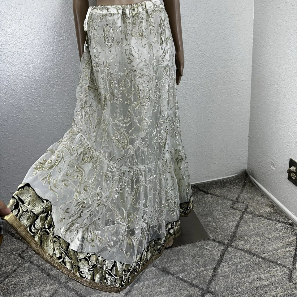 Maxi Falda Hecha a Mano Lentejuelas Cuentas Brillante Marfil Dorado Caprichoso Hada Hindi L Foto 2 de 4