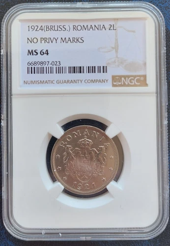 ROMANIA 2 LEI UNC COIN 1924 YEAR NO PRIVY MARK KM#47 NGC GRADING MS64