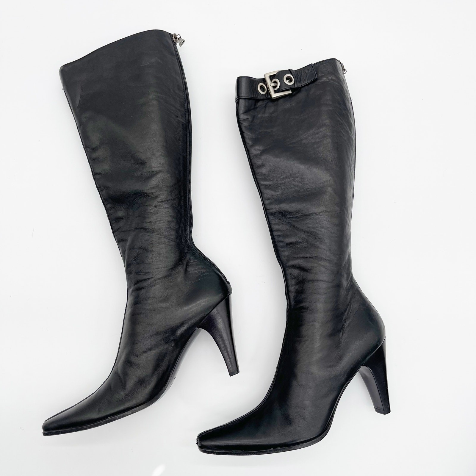 Vintage Prada Black Leather Square Toe Heeled Knee High Italian Boots 90s IT 36 thumbnail 4