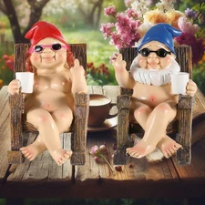 2 Pcs Naked Gnome Garden Statue Funny Naughty Man and Woman Gnomes