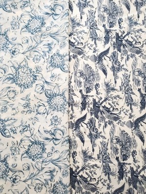 Blue and White Toile Fabric Bundle 2pc Lot Americana Floral Cotton Crafting