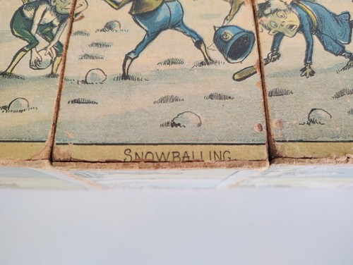 1800er Palmer Cox Brownies vierseitige Puzzle Blöcke vollständiges Set Schneeballfahren - Bild 2 von 13