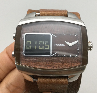 Fossil Dual Time Watch Mens Analog Digital Wood Dial JR-9633 New