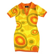 Cider Knit Mini Dress Women Size S Yellow Orange Retro Psychedelic Geometric