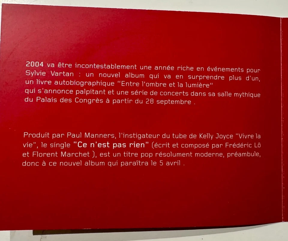 SYLVIE VARTAN – Ce n’est pas rien CD SINGLE PROMO RARE 2004 MERCURY - Photo 4/4