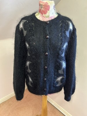 Vintage Given 1980 s Black 70% Mohair Hand Knitted Cardigan Size 14