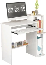 White Computer Desk with Bookshelf, Writing Study Desk with 4-Tier Bstorage Shel