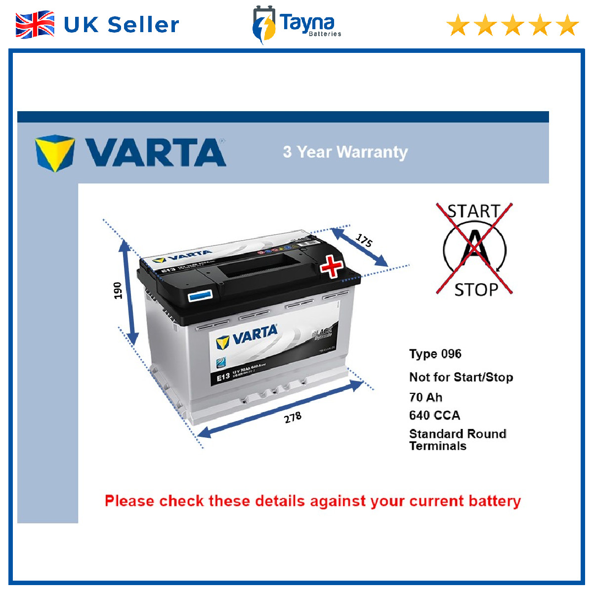 Battery fits FORD FIESTA FUSION KUGA C-MAX TRANSIT GRAND C-MAX Varta 096