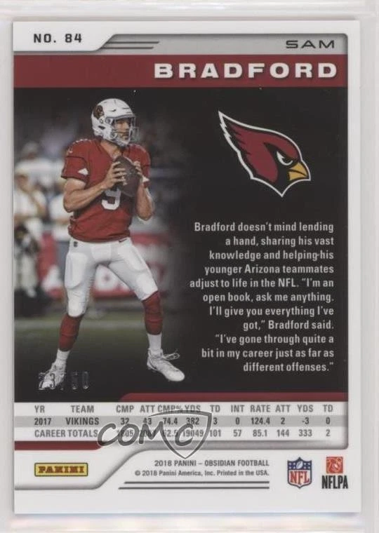 2018 Panini Obsidian Electric Etch Orange /50 Sam Bradford #84 - Image 2 of 2