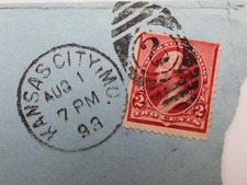 US SC 220 DOUBLE CAP 1893 Kansas City MO USED ON Cover Lathrop Morrow Olathe KS