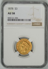 1878  $3  GOLD   NGC  AU58  ~  $3 Indian Princess  ~  #8402161-004