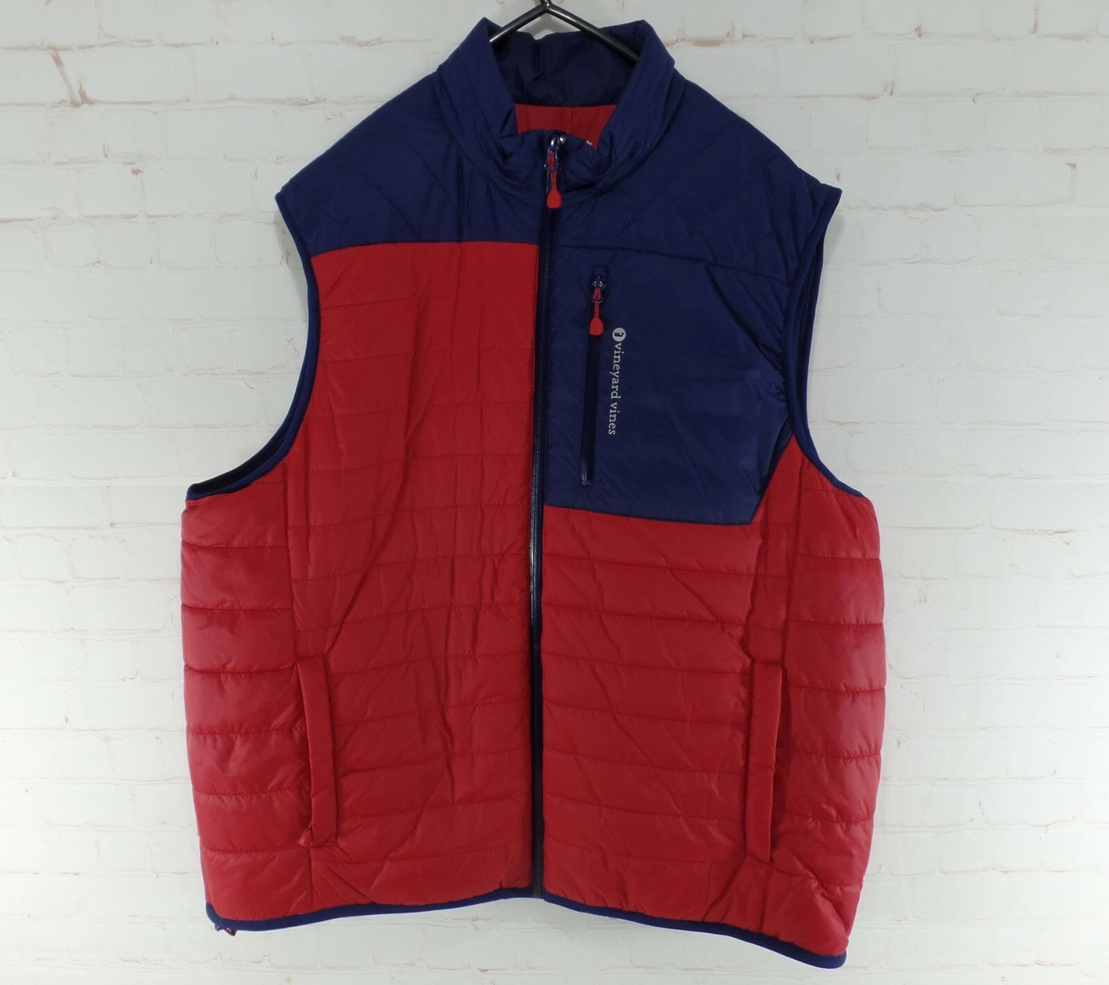 NEW Vineyard Vines Mens Quilted Performance Vest Red Blue Full Zip Size XXL