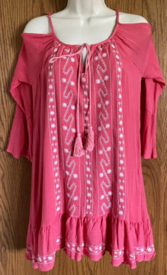 Exist Pink Coral Boho Dress Embroidered Tie Front Cold Shoulder Women's Sz S NWT