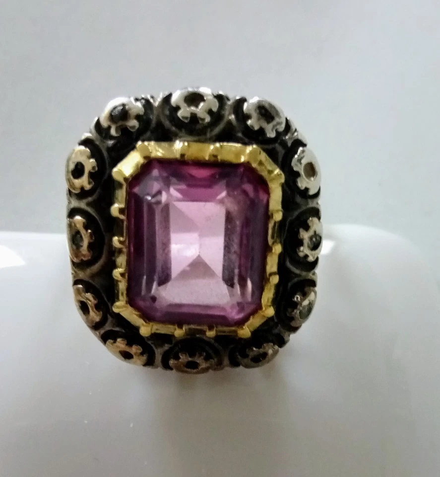 ANELLO Antico in argento con pietra sintetica e rosette  - Immagine 3 di 4