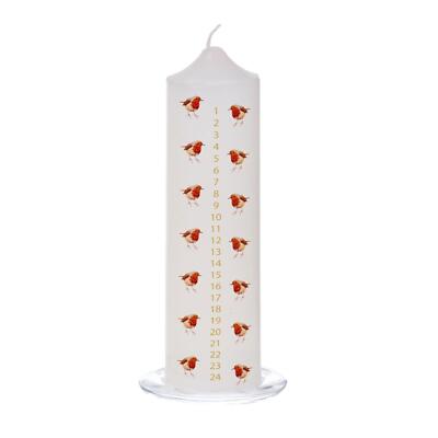 Weihnachten Adventskerze mit Rotkehlchenbild auf Glas Tablett 20 cm - weiß
