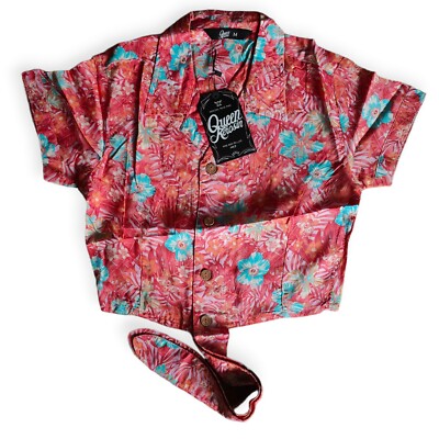 Queen Kerosin Rockabilly Hawaii Crop Top Bluse - Tropical Rose - Größe M - Neu mit Etikett