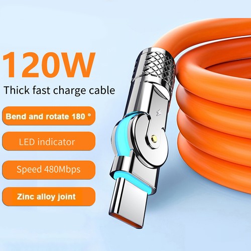 USB to Type C Charging Cable Lead Data Cable 120W 6A Super Fast 180° Rotation