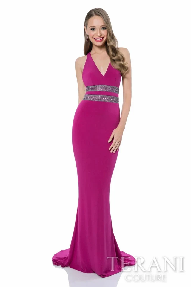 Vestido Jersey Terani Couture Adornado Fucsia Espalda Navaja Talla 4 $349 Foto 2 de 2