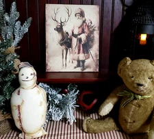 STUNNING SHABBY VINTAGE PRIMITIVE VICTORIAN FOLK STYLE CHRISTMAS SANTA DEER SIGN