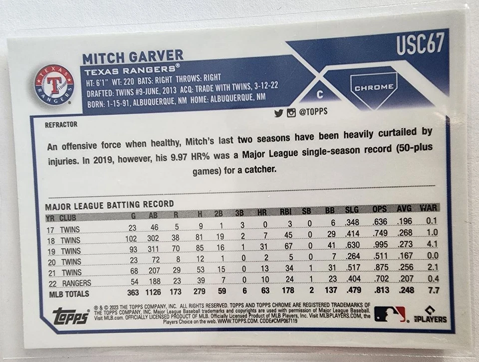 2023 Topps Chrome Update Mitch Garver Texas Rangers #USC67 - Image 2 of 2