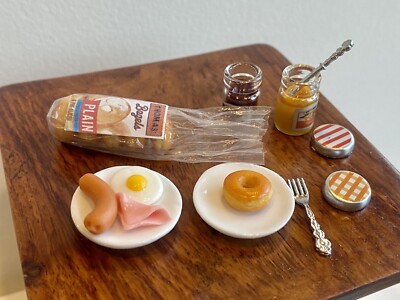 15pcs 1:12 Handmade Breakfast Toast bagel Jam Egg Ham Plate Miniature Dollhouse