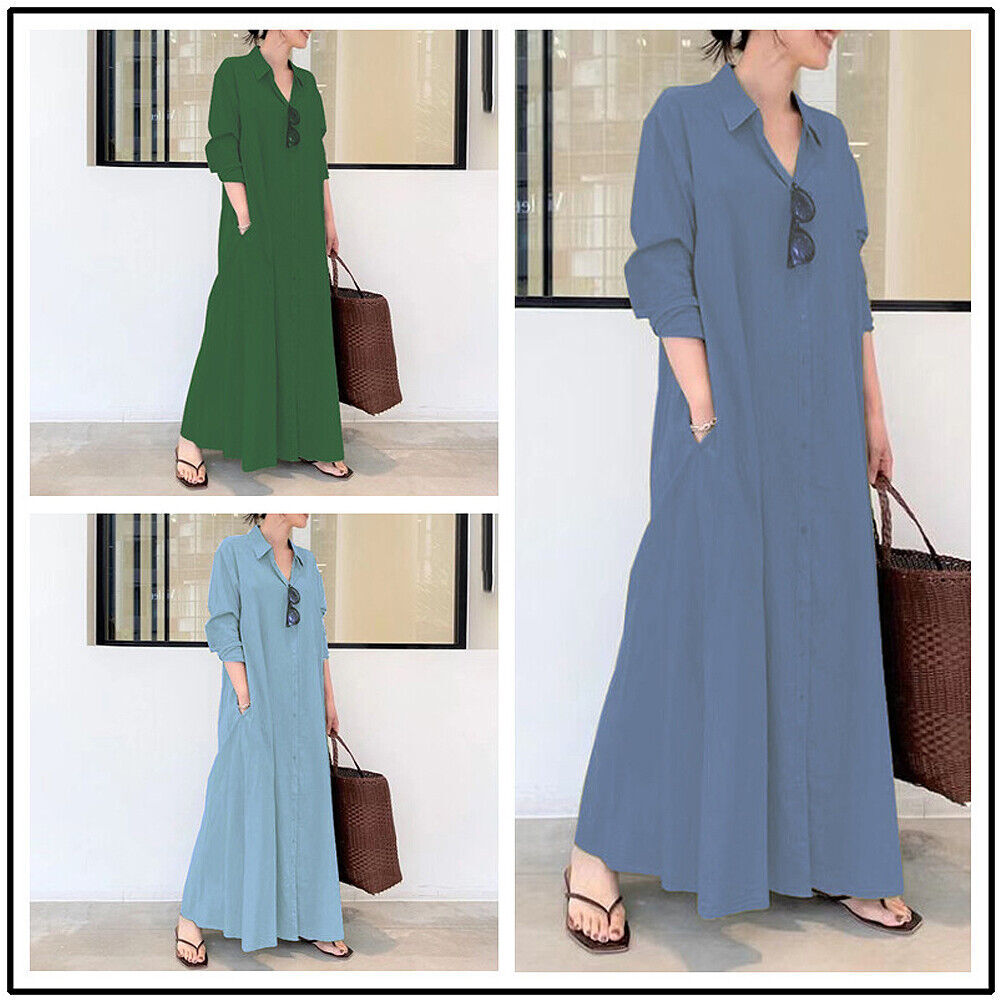 Long Sleeve Cotton Linen Shift Dresses Linen Button Down Shirt