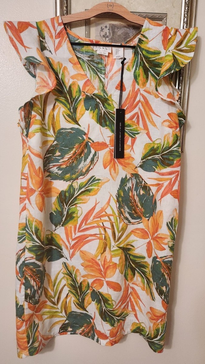 NICOLE MILLER Miller Linen Dress White Orange Green Palm Leaf Print SIZE  XS | eBay