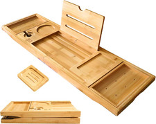 Foldable Bamboo Bathtub Caddy Tray - Expandable to 41 Inches with Non-Slip Pads