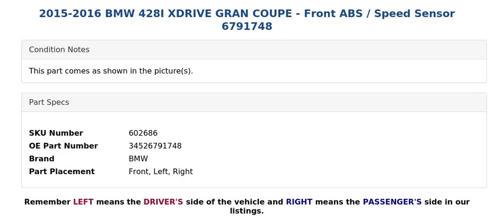 BMW 428I XDRIVE 2015-2016 gran cupé - ABS delantero / sensor de velocidad 6791748 Foto 4 de 4