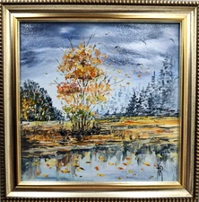 Original Oil Painting Autumn Landscape 6x6in Framed Impasto Art Signed