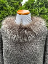 ADRIENNE LANDAU GRAY Wool Blend PONCHO with GENUINE SILVER FOX Fur trim OS