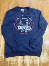 KENZO Paris Sweater Womens Embroidered  Tiger Sweatshirt Sz Large Blue
