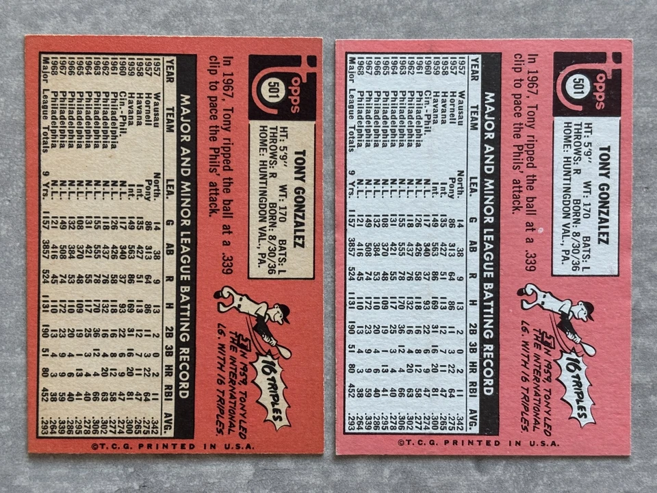 (2) 1969 Topps TONY GONZALEZ Padres "Letra Blanca" Variación Tarjetas de Error 501 LGM Foto 2 de 2