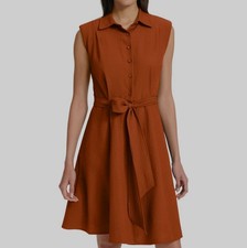 Calvin Klein Orange Women's Sleeveless Tie-Waist Shirtdress Size 22