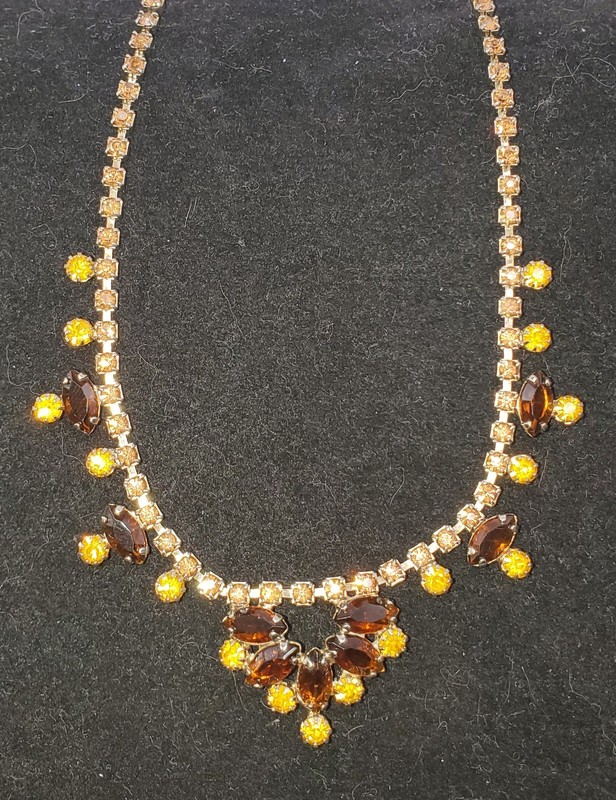 Vintage Citrine Topaz Yellow Rhinestones Necklace Open Back Marquise 