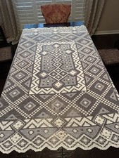 VINTAGE White Filet Lace Hand Knotted Tablecloth 67 X 55