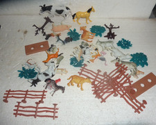 Lot of 30 Plastic Farm Animals Fence  Trees S-74