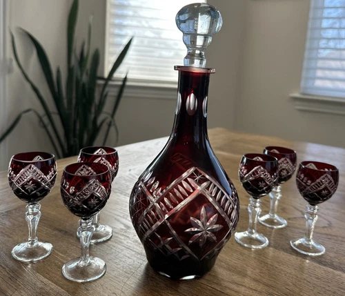 BOHEMIAN RUBY CUT TO CLEAR DECANTER SET w 6 GLASSES c.1900 !STUNNING
