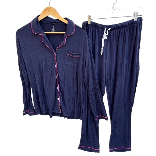 SIORO Womens Navy Pajama Set Long Sleeve Button Down PJs Soft Viscose