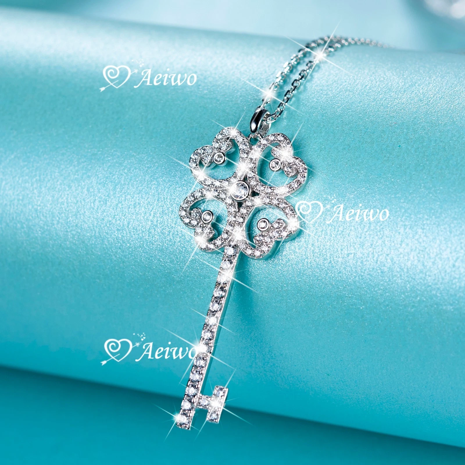 925 sterling silver simulated diamond pendant chain necklace Love heart key 38cm image 2