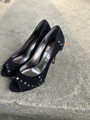 Nicole Miller New York Gun Metal Studded Black High Heel Peep Toe Heels SZ 9M