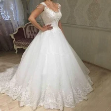 Elegant Ball Wedding Dresses Lace Applique Cap Sleeves A-line Bridal Gowns Train