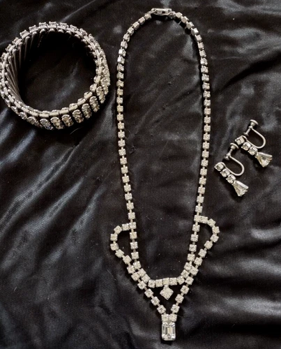 Rhinestone, Vintage Silver Tone Art Deco Jewelry / Necklace, Earring, Bracelet