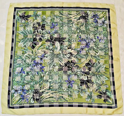 SCARF ITALY VINTAGE AUTHENTIC MANLIO BONETTI FLORAL IRISES GREEN BLUE 46'' SQUARE