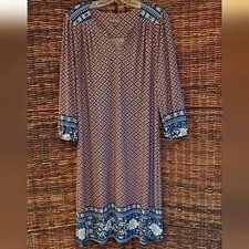 Luxology Dress Women's 16  Blue Floral Geometric  Knee Length Modest Long Boho 