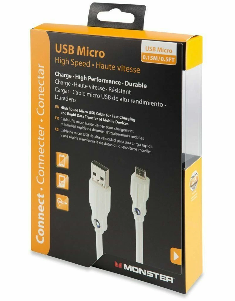 6” Monster Cable Usb-A To Micro-USB 6 inch Short Charging Cable Cord Wire Dock - Image 2 of 4