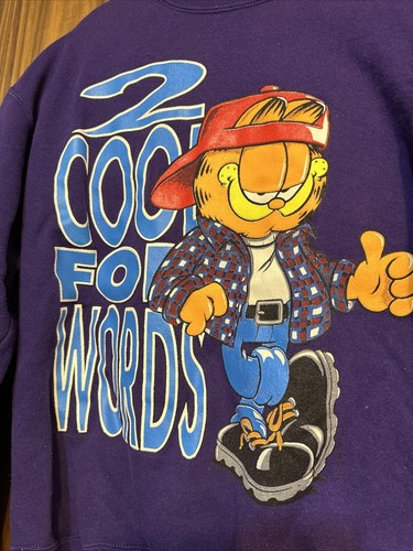 Felpa vintage anni '90 Garfield Hip Hop Kris Kross Rap Crewneck Adulto M Viola - Foto 2 di 6