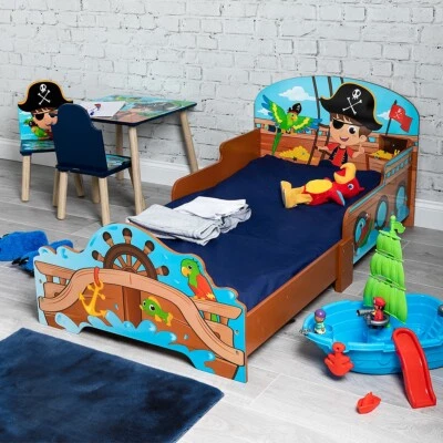 Kids Pirate Theme Wooden Single Bed Ship Boat Frame & Guardrails Junior Bedroom