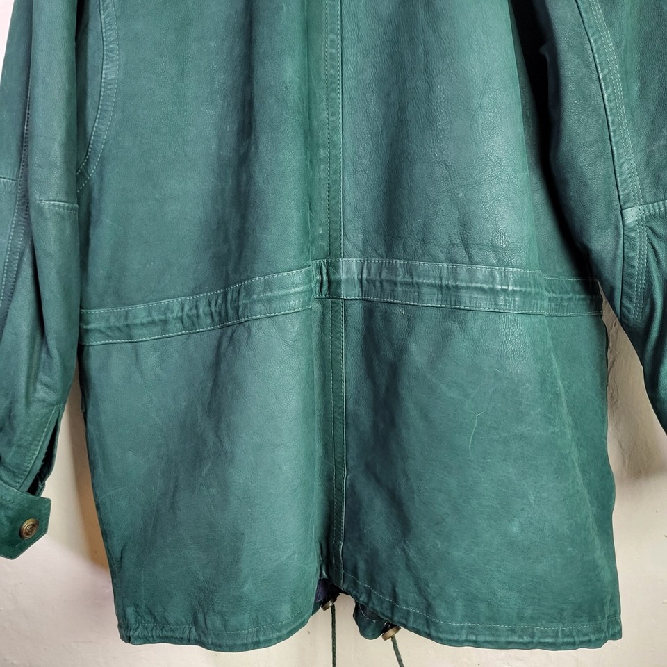 Vincente Mens Size 52 Vintage Leather Jacket Green Quilted Overcoat